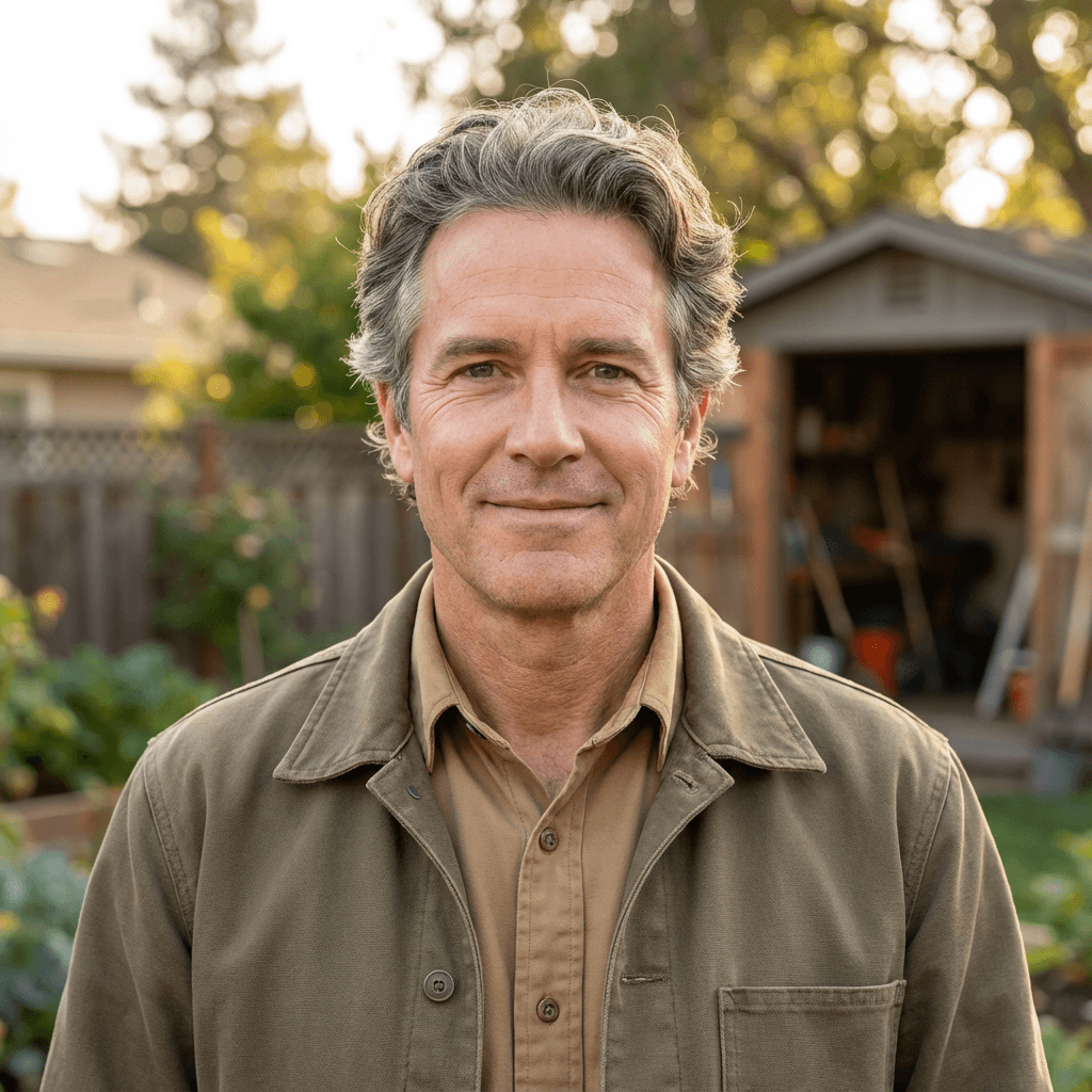 Samuel Hansen, caregiver, smiling warmly in a bright home setting