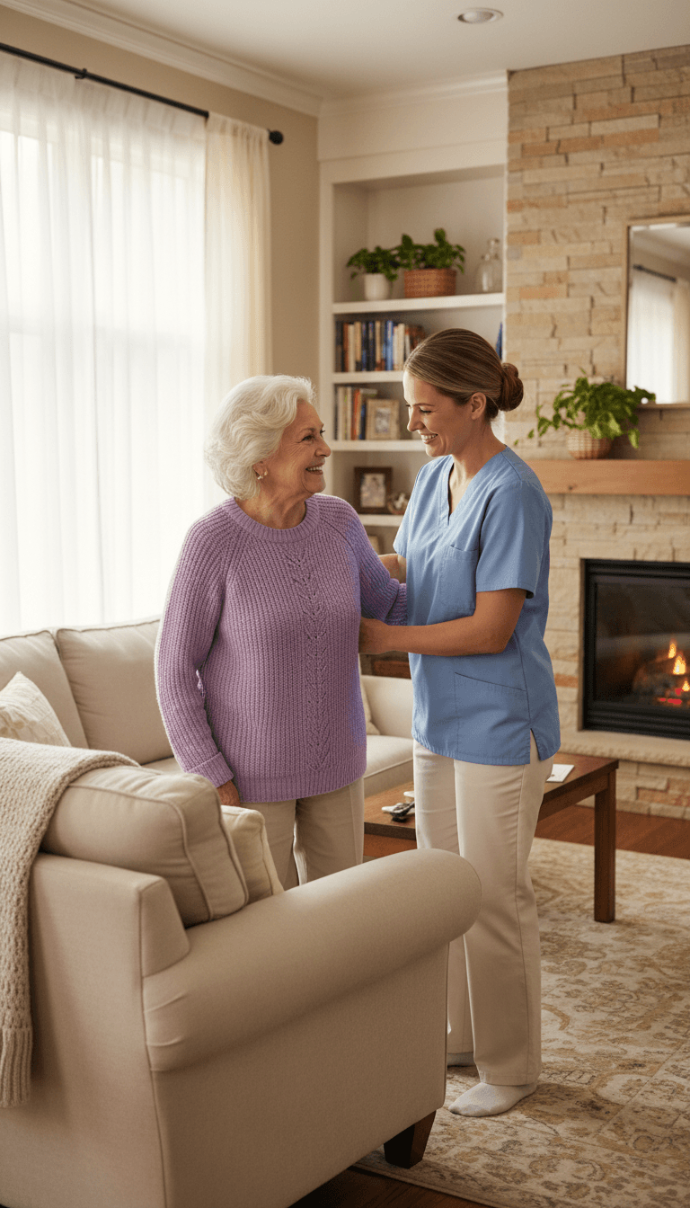 Caregiver sitting with senior woman in a bright living room