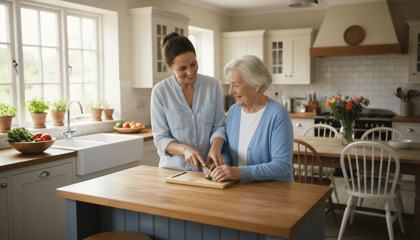 Caregiver assisting an elderly woman in her home kitchen