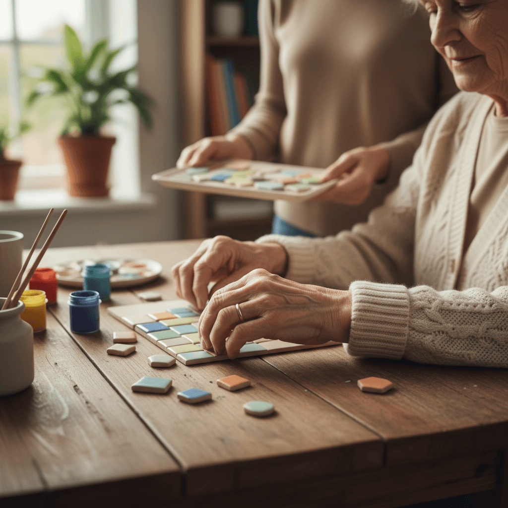 Caregiver having a warm conversation with a senior woman in a bright living room